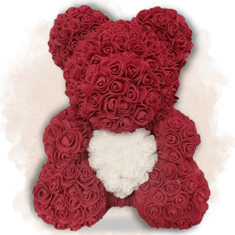 Ours en Rose Rouge Vin 40cm Ours en rose 40cm Ourson En Rose Cœur Blanc